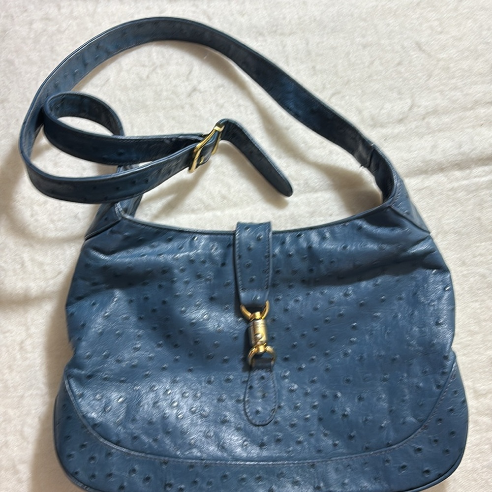 Vtg MEYER Blue Ostrich Purse Lined Zip Adjust Crossbody/Shoulder Bag USA